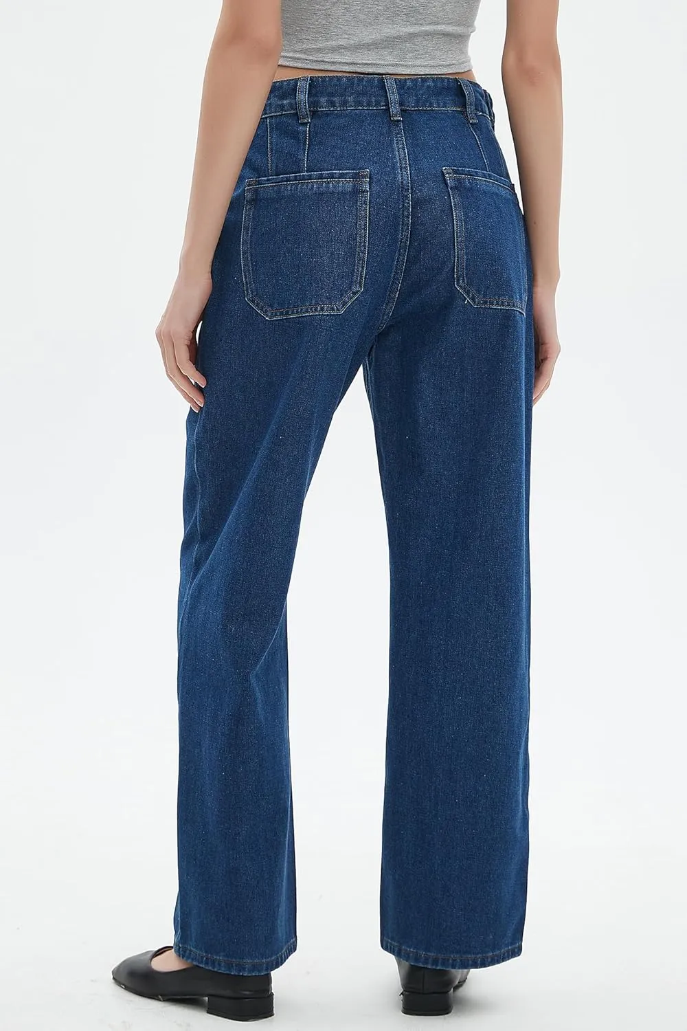 D-Sun Women Wide Leg Jeans Mid Rise Casual Straight Leg Denim Pants Baggy Boyfriend Cargo Jeans with Pockets