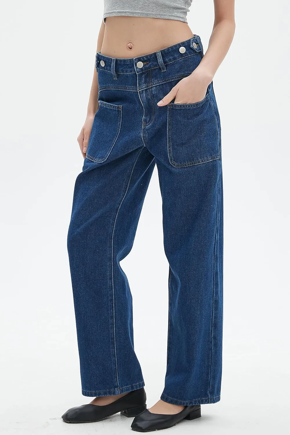 D-Sun Women Wide Leg Jeans Mid Rise Casual Straight Leg Denim Pants Baggy Boyfriend Cargo Jeans with Pockets