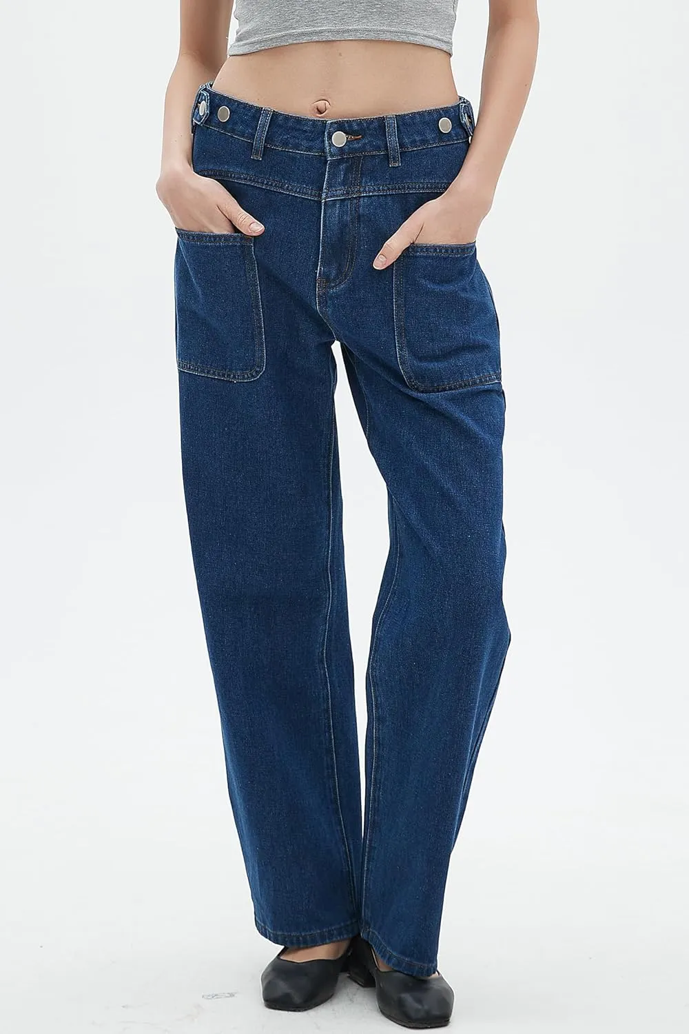 D-Sun Women Wide Leg Jeans Mid Rise Casual Straight Leg Denim Pants Baggy Boyfriend Cargo Jeans with Pockets
