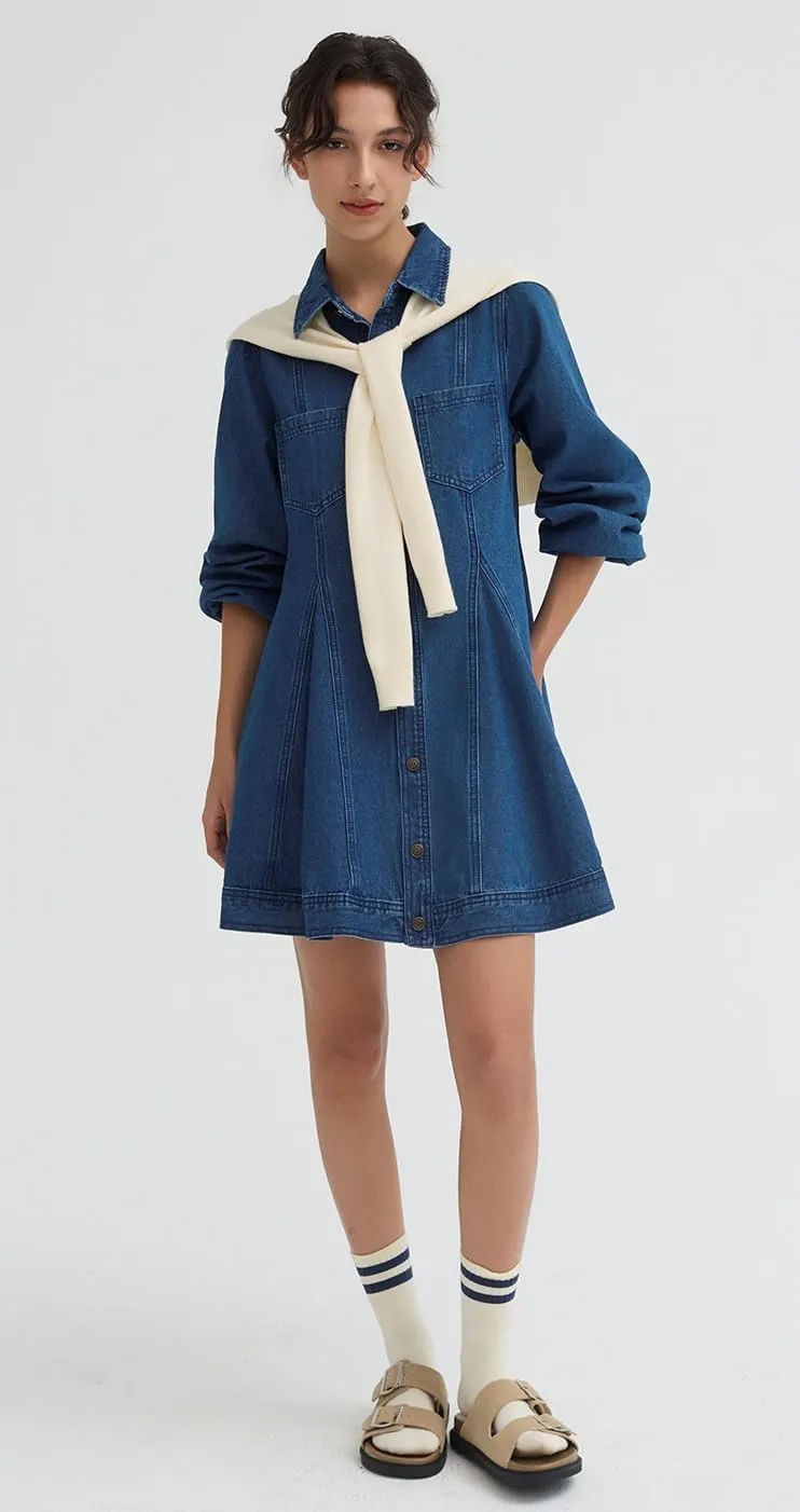 D-Sun Women's Denim Dress Puff Long Sleeve Button Down Casual Babydoll Jean Shirt Mini Dress Trendy 2025