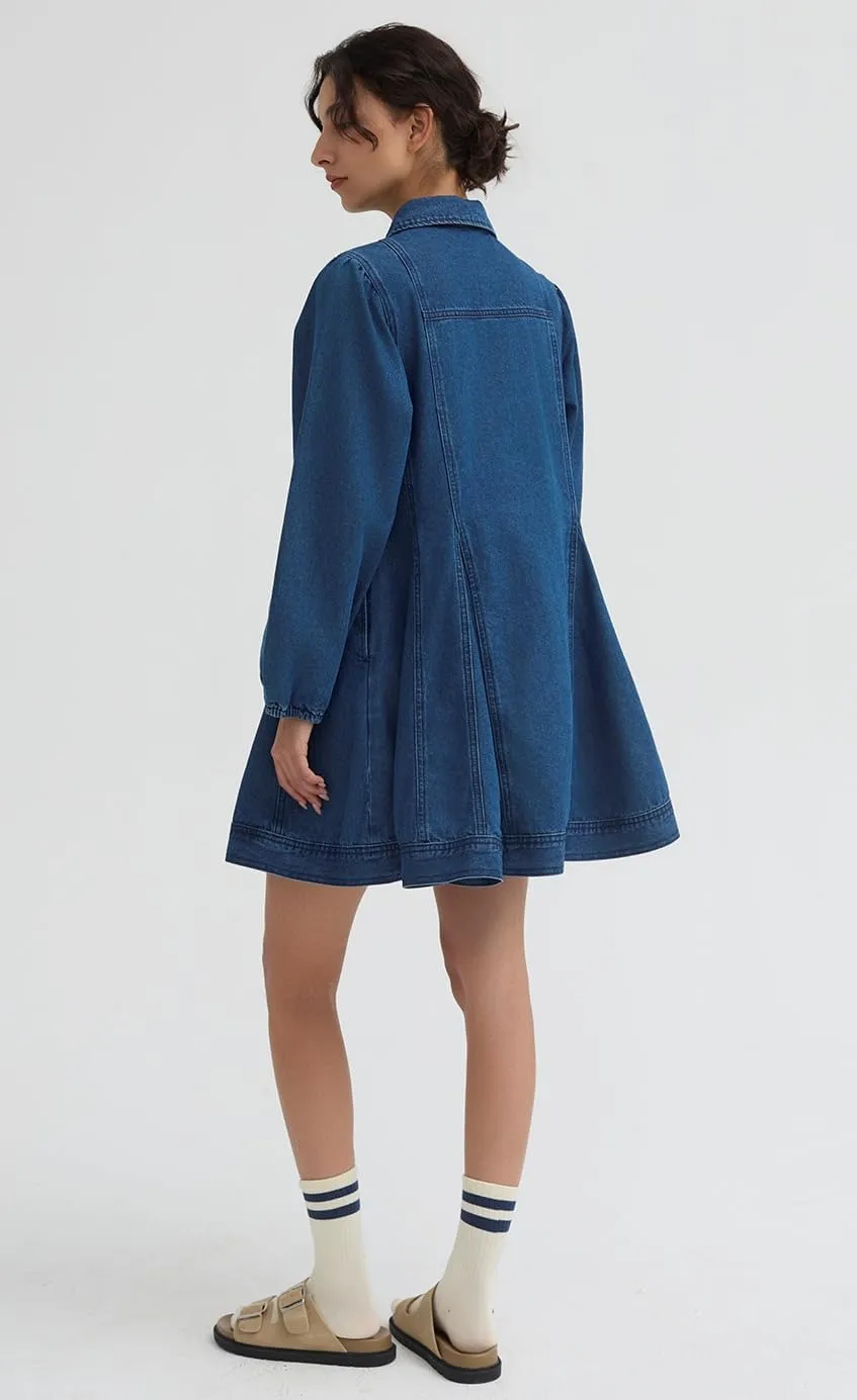 D-Sun Women's Denim Dress Puff Long Sleeve Button Down Casual Babydoll Jean Shirt Mini Dress Trendy 2025