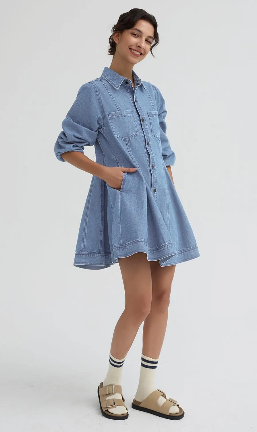 D-Sun Women's Denim Dress Puff Long Sleeve Button Down Casual Babydoll Jean Shirt Mini Dress Trendy 2025