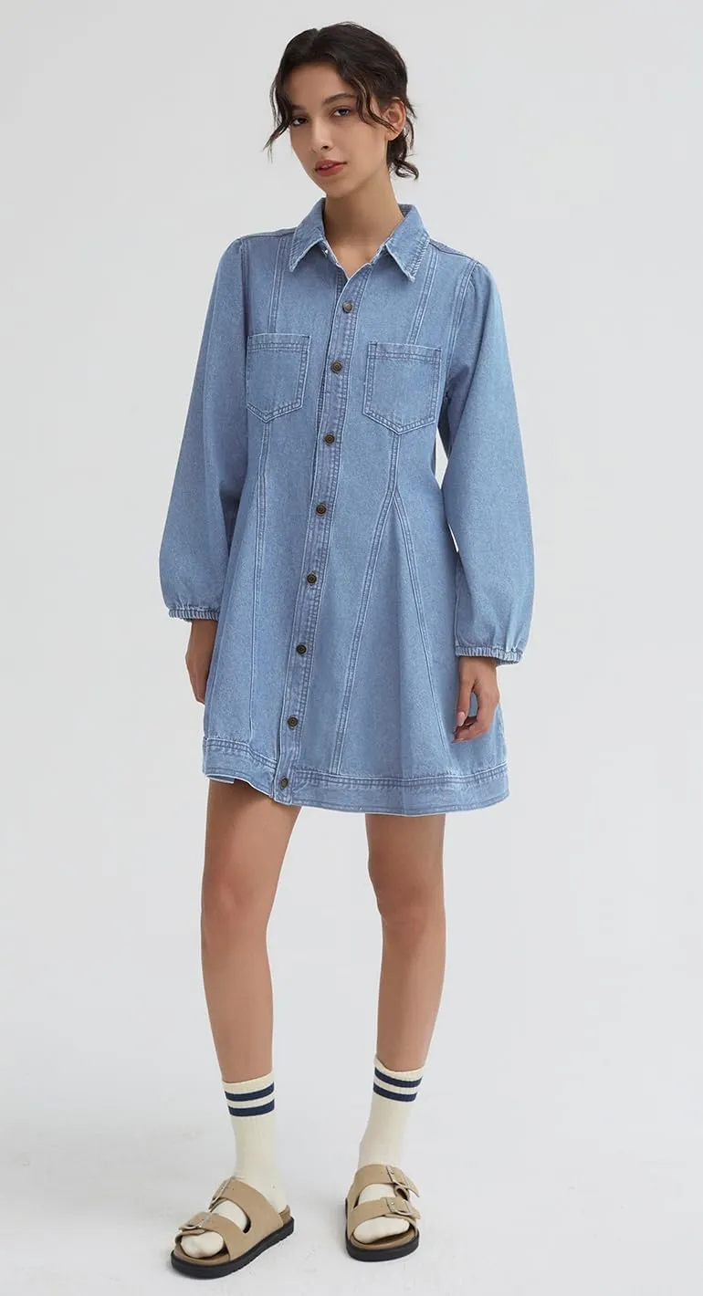 D-Sun Women's Denim Dress Puff Long Sleeve Button Down Casual Babydoll Jean Shirt Mini Dress Trendy 2025