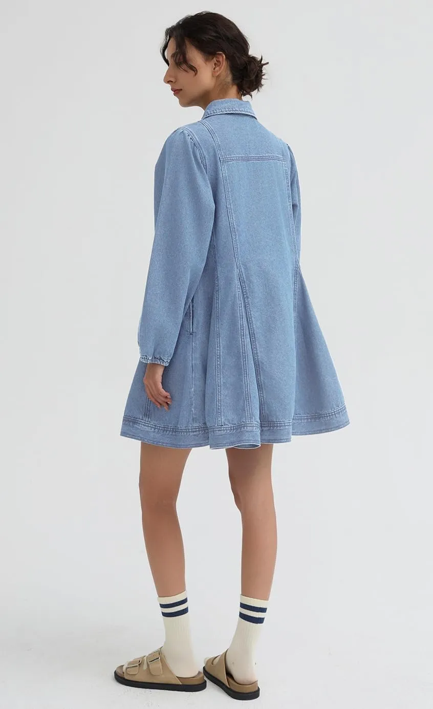 D-Sun Women's Denim Dress Puff Long Sleeve Button Down Casual Babydoll Jean Shirt Mini Dress Trendy 2025