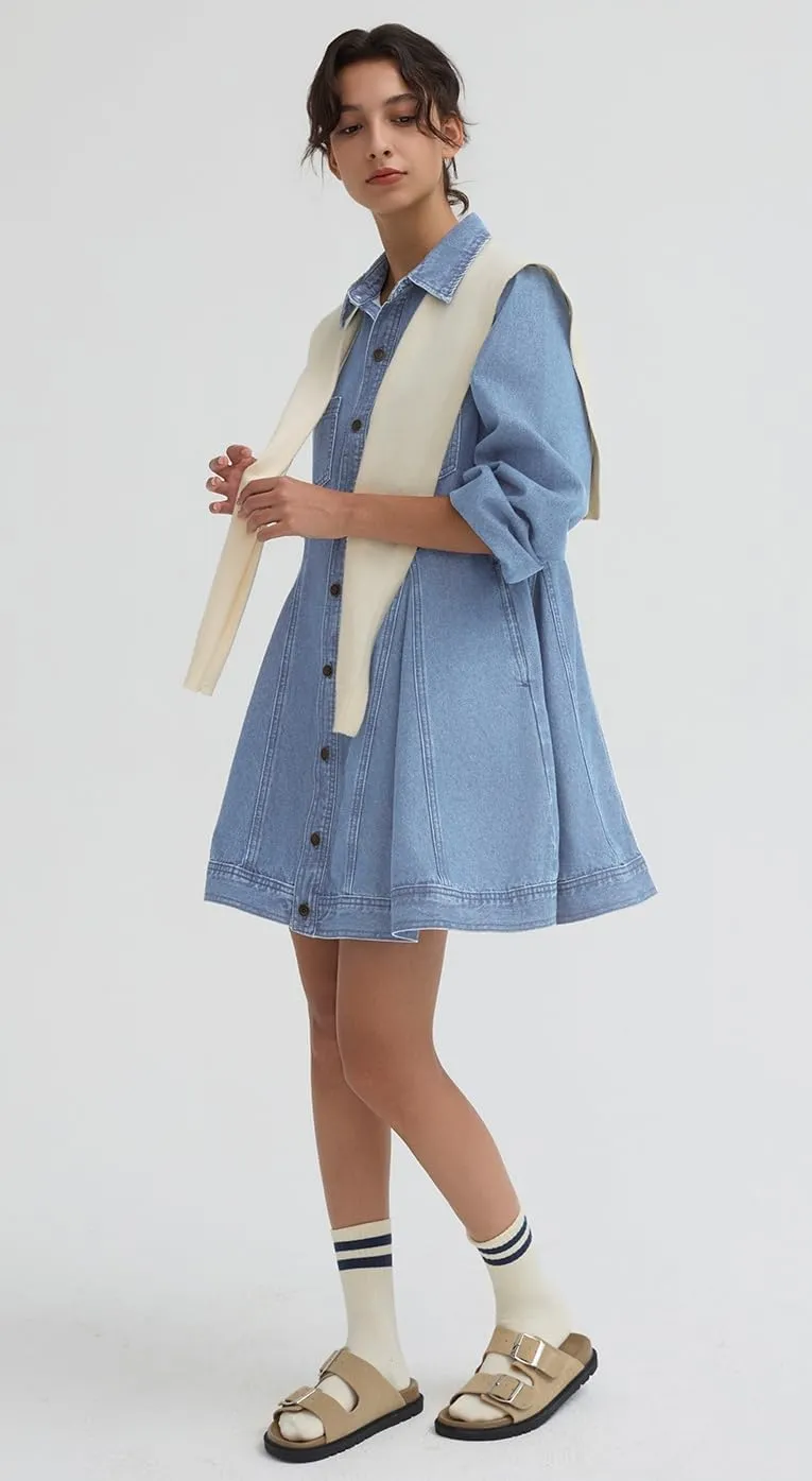 D-Sun Women's Denim Dress Puff Long Sleeve Button Down Casual Babydoll Jean Shirt Mini Dress Trendy 2025