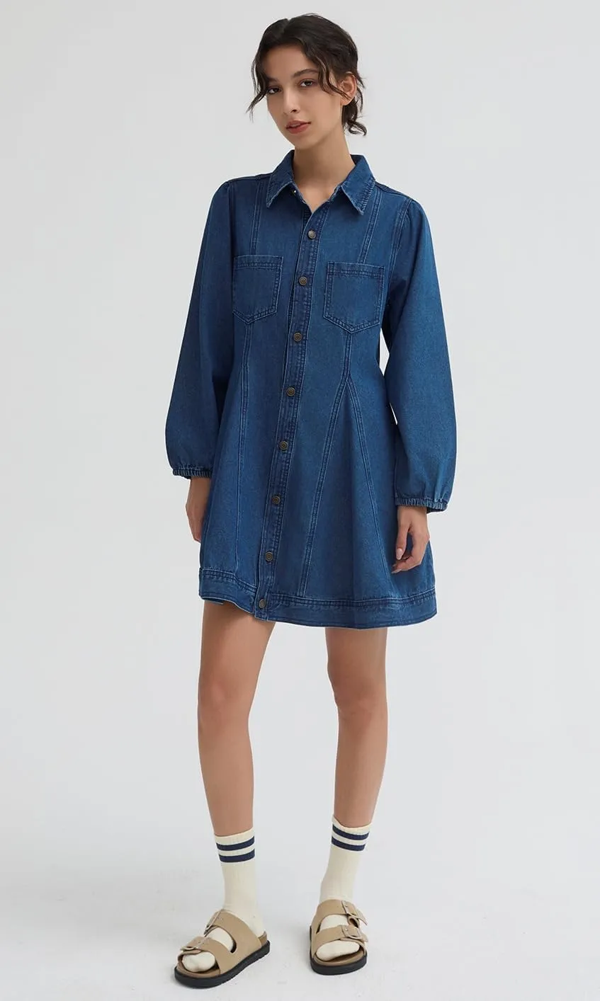 D-Sun Women's Denim Dress Puff Long Sleeve Button Down Casual Babydoll Jean Shirt Mini Dress Trendy 2025