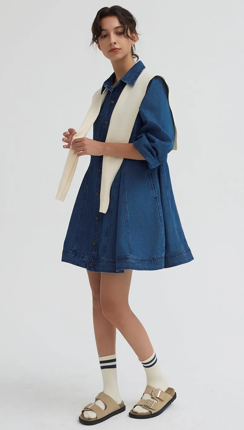 D-Sun Women's Denim Dress Puff Long Sleeve Button Down Casual Babydoll Jean Shirt Mini Dress Trendy 2025