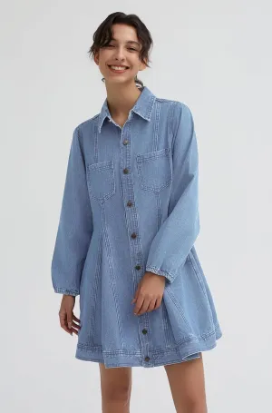 D-Sun Women's Denim Dress Puff Long Sleeve Button Down Casual Babydoll Jean Shirt Mini Dress Trendy 2025