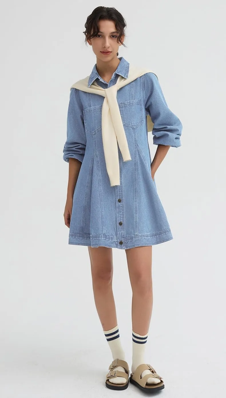 D-Sun Women's Denim Dress Puff Long Sleeve Button Down Casual Babydoll Jean Shirt Mini Dress Trendy 2025