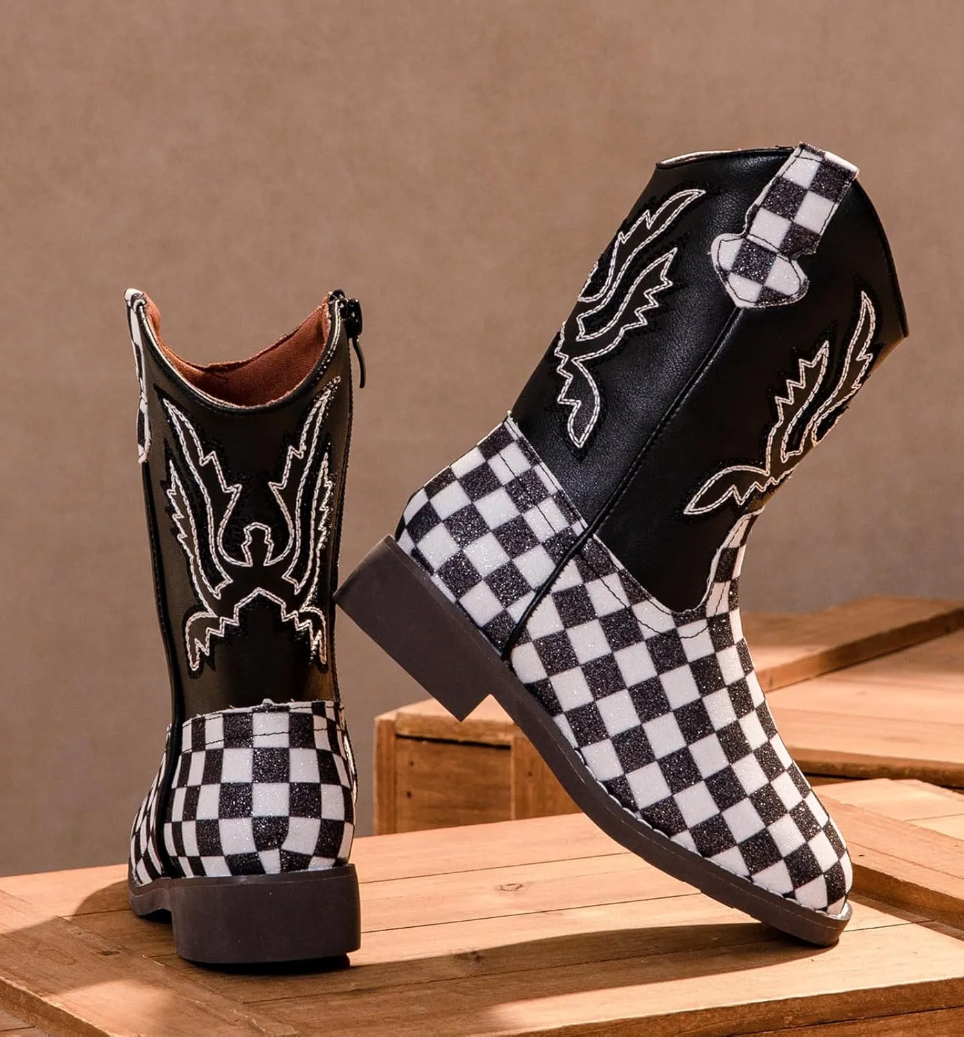 DADAWEN Boys Girls Cowboy Boots Embroidery Glitter Mid Calf Square Toe Kids Western Cowgirl Boots Riding Shoes (Toddler/Little Kid/Big Kid)