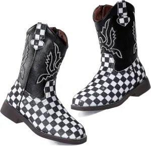DADAWEN Boys Girls Cowboy Boots Embroidery Glitter Mid Calf Square Toe Kids Western Cowgirl Boots Riding Shoes (Toddler/Little Kid/Big Kid)