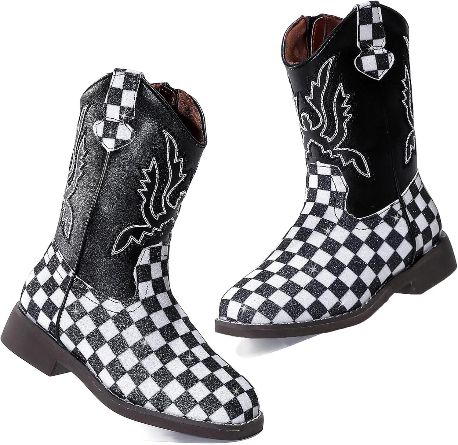 DADAWEN Boys Girls Cowboy Boots Embroidery Glitter Mid Calf Square Toe Kids Western Cowgirl Boots Riding Shoes (Toddler/Little Kid/Big Kid)