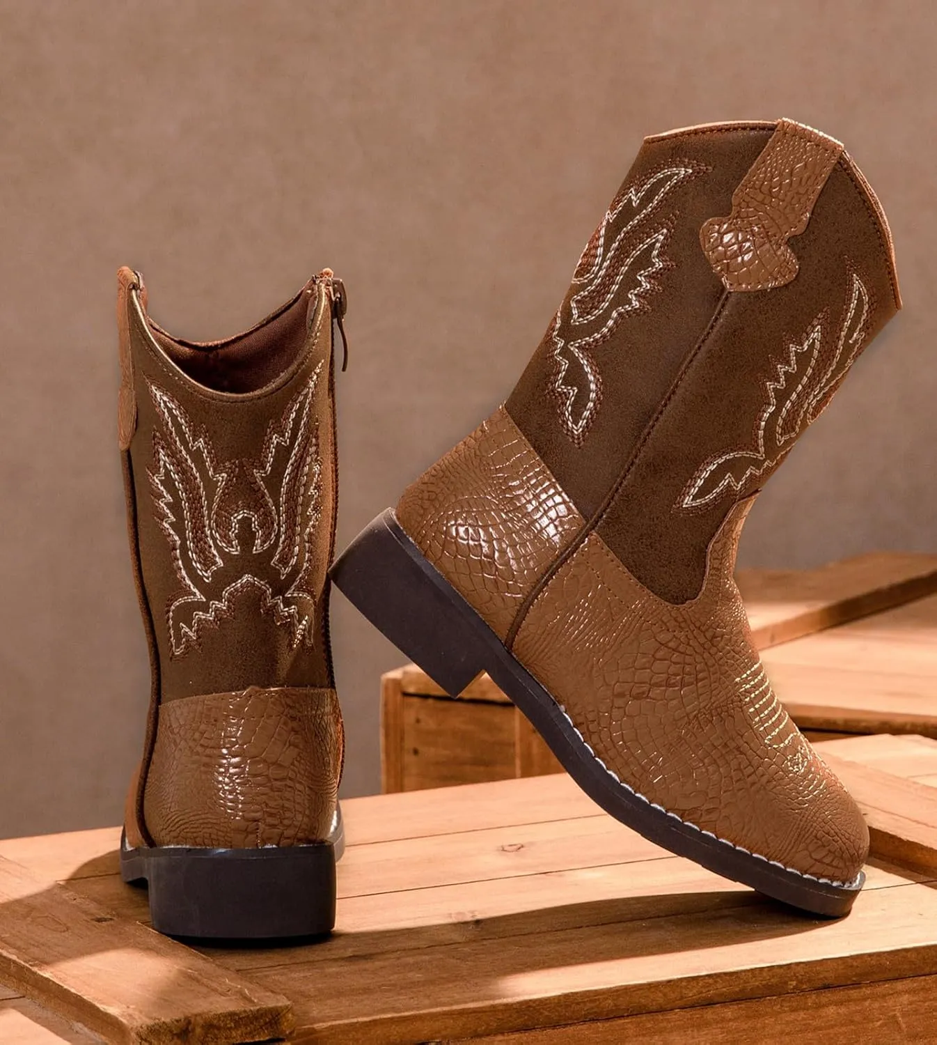 DADAWEN Boys Girls Cowboy Boots Embroidery Glitter Mid Calf Square Toe Kids Western Cowgirl Boots Riding Shoes (Toddler/Little Kid/Big Kid)