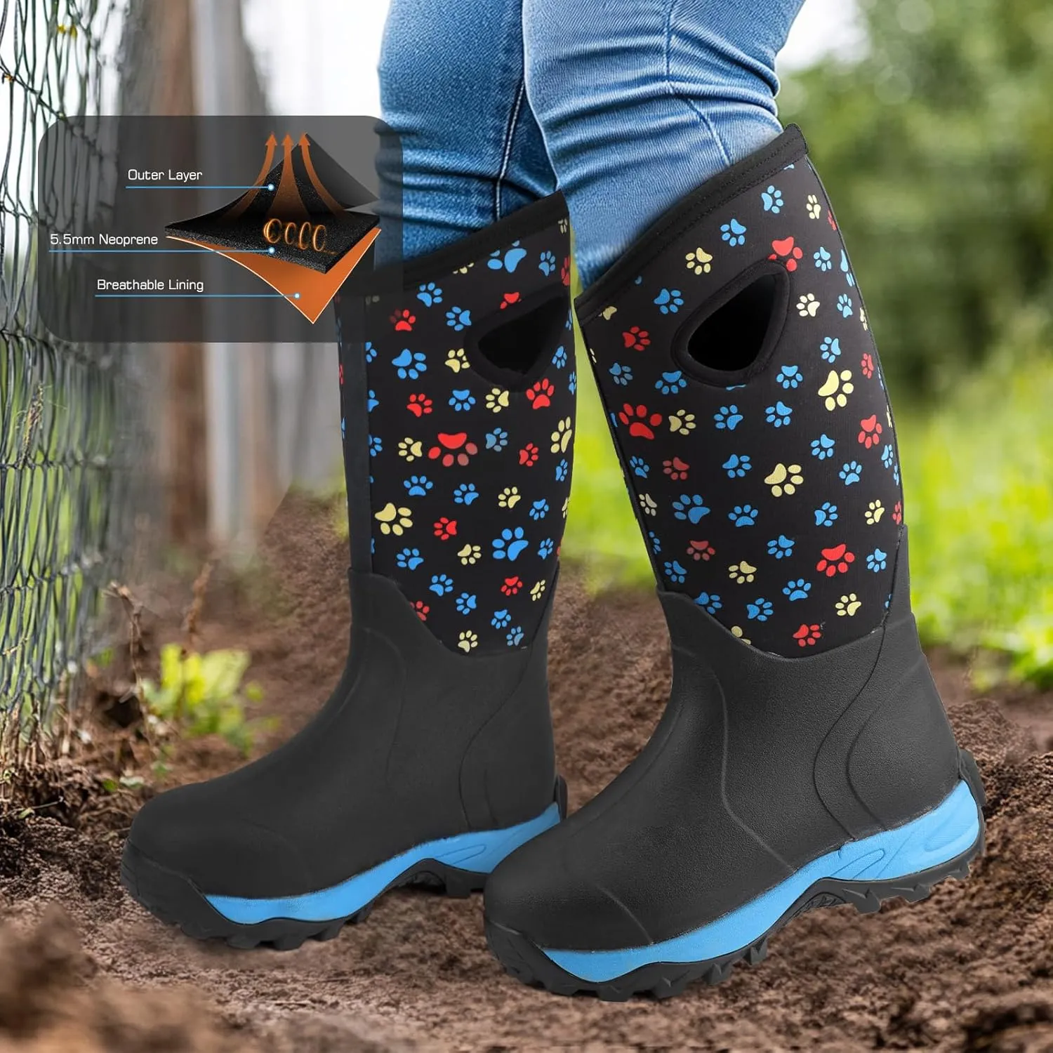 DaeRainy Neoprene Rubber Boots for Women,Waterproof Rainboots with Sturdy Neoprene for Outdoor Working Farming Fishing Hunting Gardening