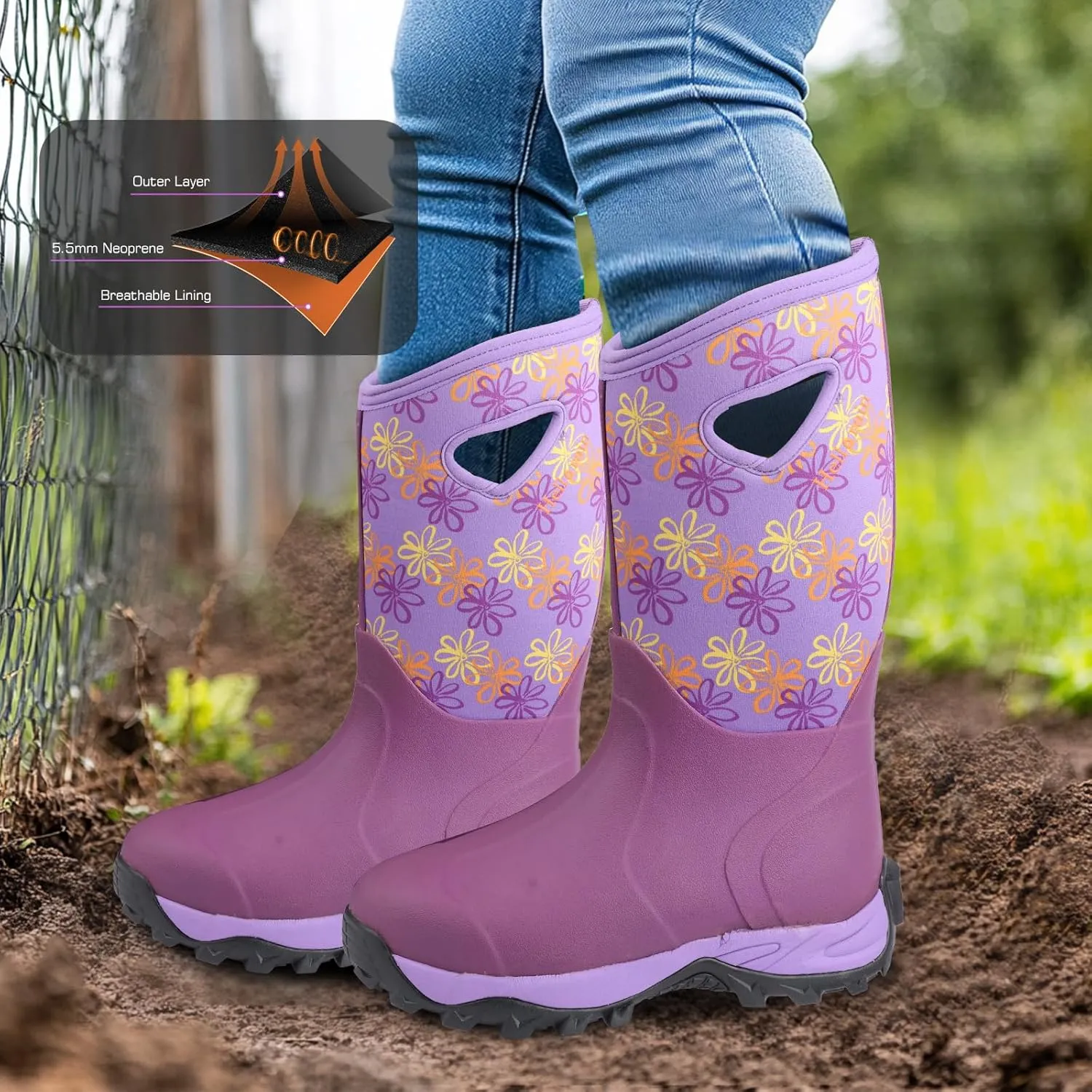DaeRainy Neoprene Rubber Boots for Women,Waterproof Rainboots with Sturdy Neoprene for Outdoor Working Farming Fishing Hunting Gardening