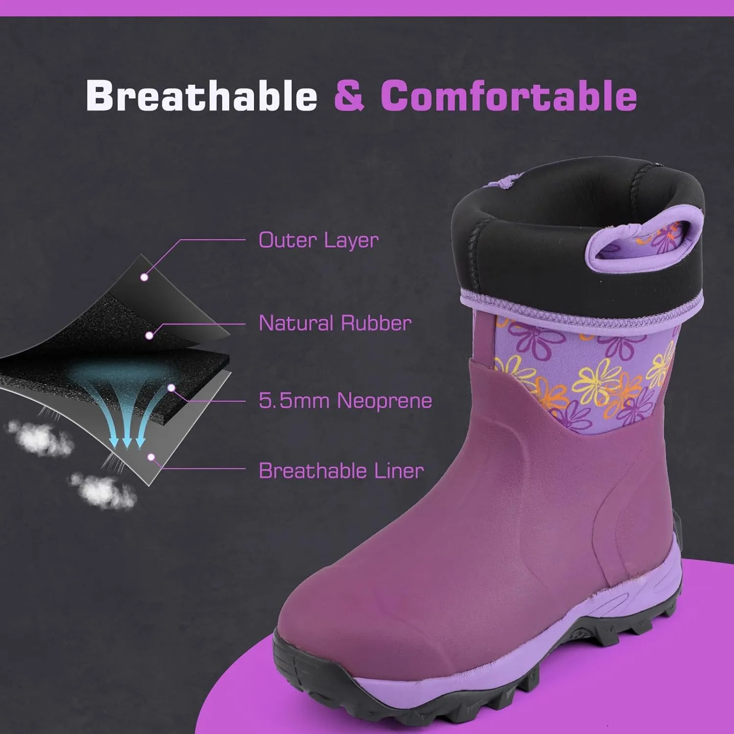 DaeRainy Neoprene Rubber Boots for Women,Waterproof Rainboots with Sturdy Neoprene for Outdoor Working Farming Fishing Hunting Gardening