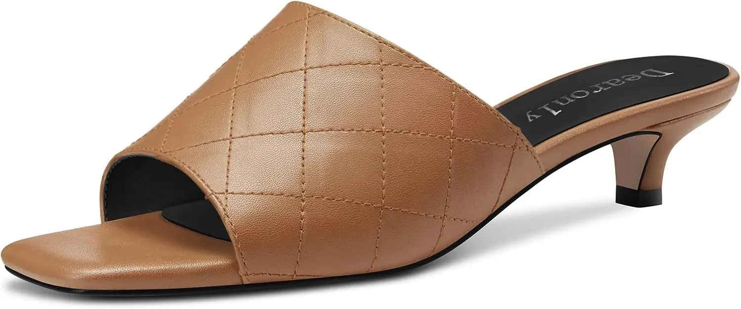 DearOnly Women Low Kitten Heel Peep Open Square Toe Mules Shoes Slip-on Slingback Office Cute 1.4 Inches Heels