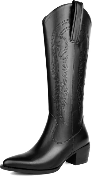 DOBOYG Women Cowboy Boots Western Embroidered Knee High Wide Calf Country Boots Chunky Heel Retro Classic Pull On Tall Cowgirl Boots for Women Perfect for Country Concert Outfits