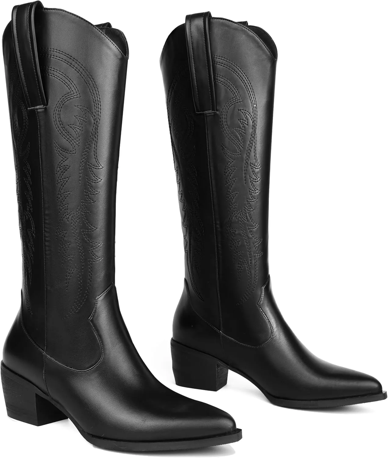 DOBOYG Women Cowboy Boots Western Embroidered Knee High Wide Calf Country Boots Chunky Heel Retro Classic Pull On Tall Cowgirl Boots for Women Perfect for Country Concert Outfits