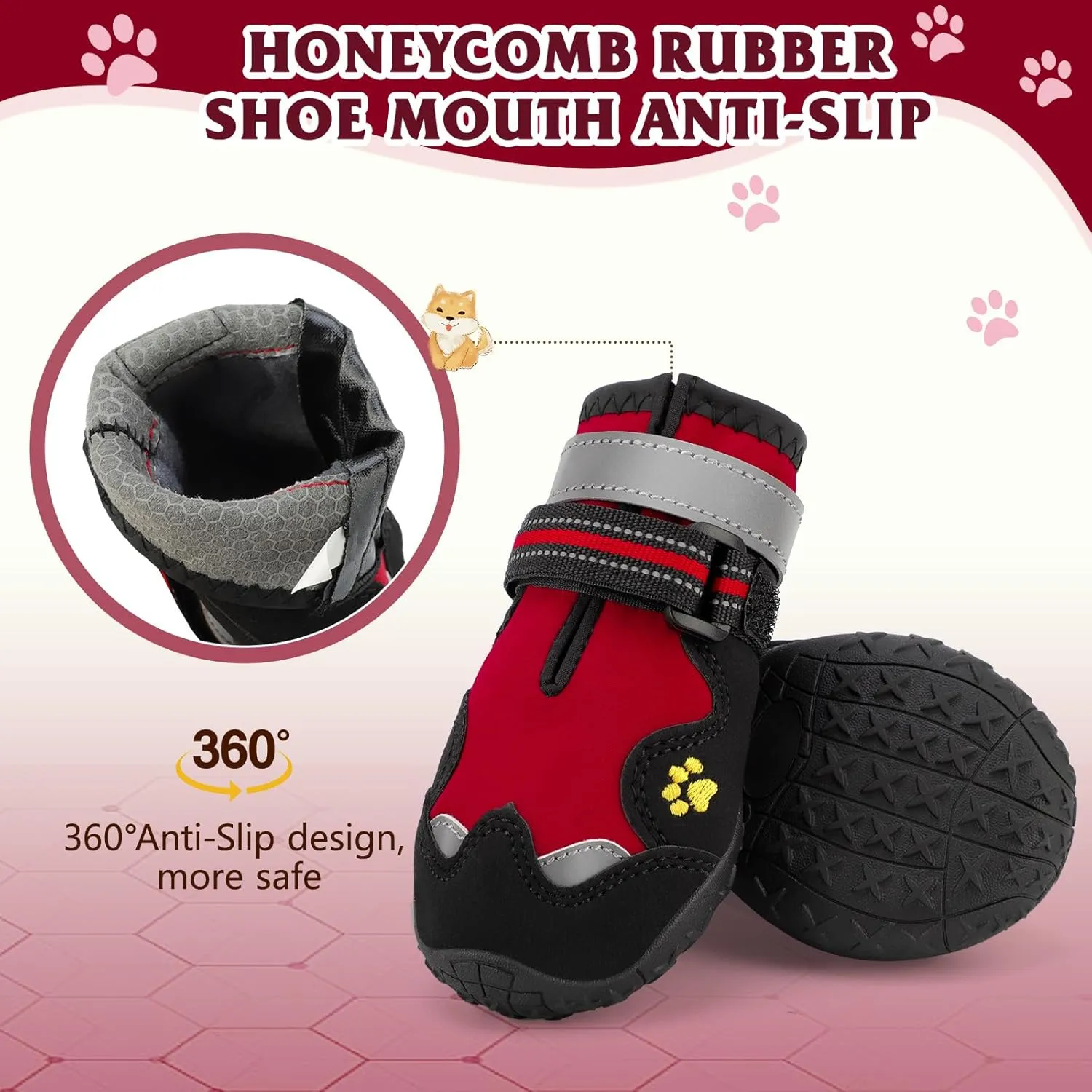 Dog Shoes, FISHOAKY Dog Shoes for Large Dogs, 360°Anti Slip Medium Dog Boots & Paw Protectors Winter Snowy and Summer Hot Pavement, Waterproof 4Pcs Dog Booties with Reflective Strips (Size 3)
