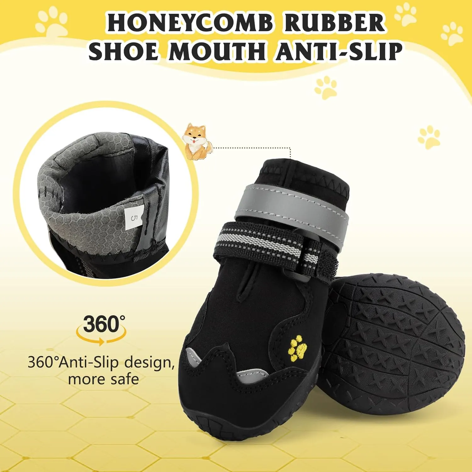 Dog Shoes, FISHOAKY Dog Shoes for Large Dogs, 360°Anti Slip Medium Dog Boots & Paw Protectors Winter Snowy and Summer Hot Pavement, Waterproof 4Pcs Dog Booties with Reflective Strips (Size 7)