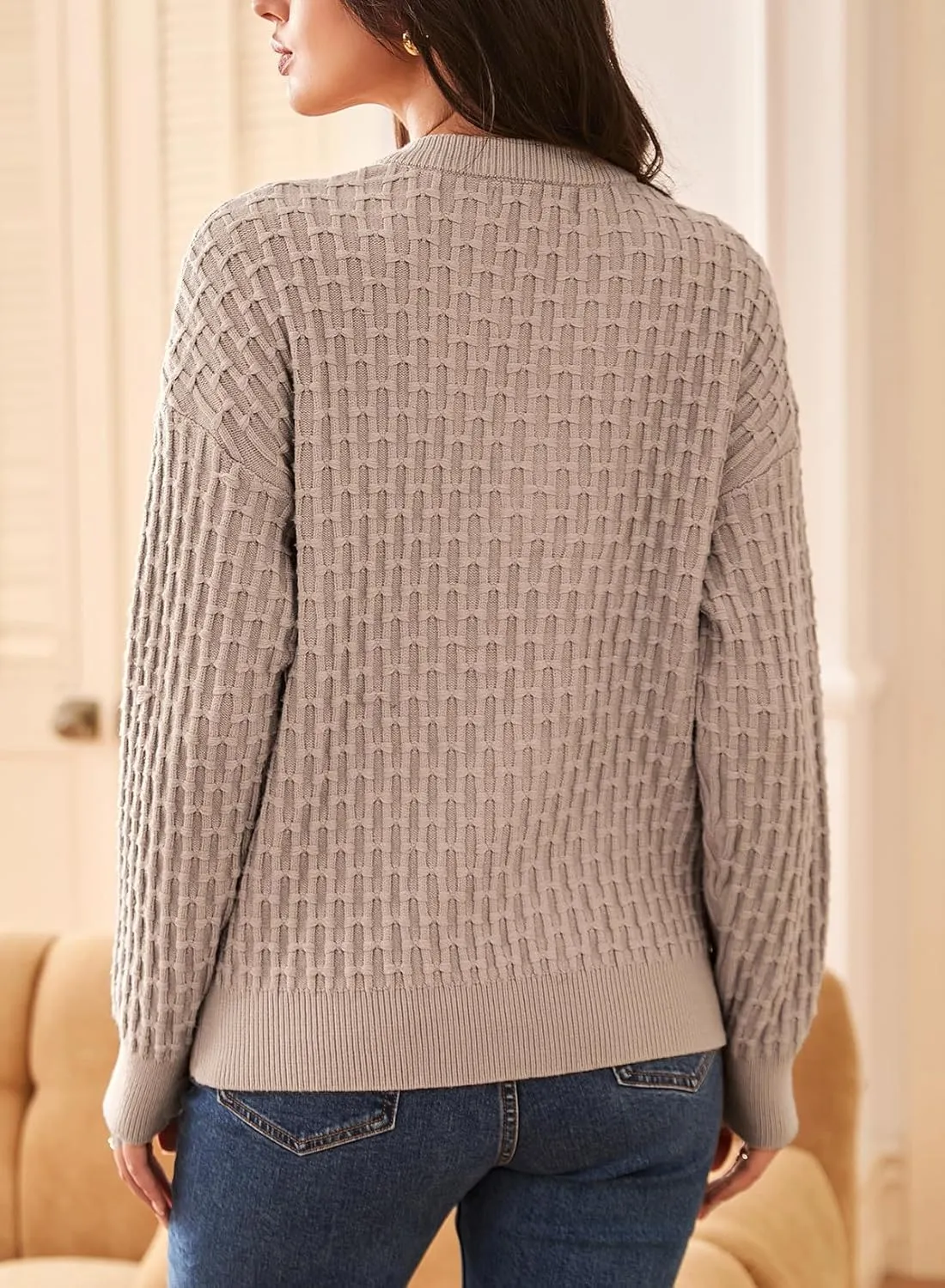 Dokotoo Womens Sweaters 2024 Casual Long Sleeve V Neck Textured Button Fall Sweater Loose Fit Pullover Jumper Tops