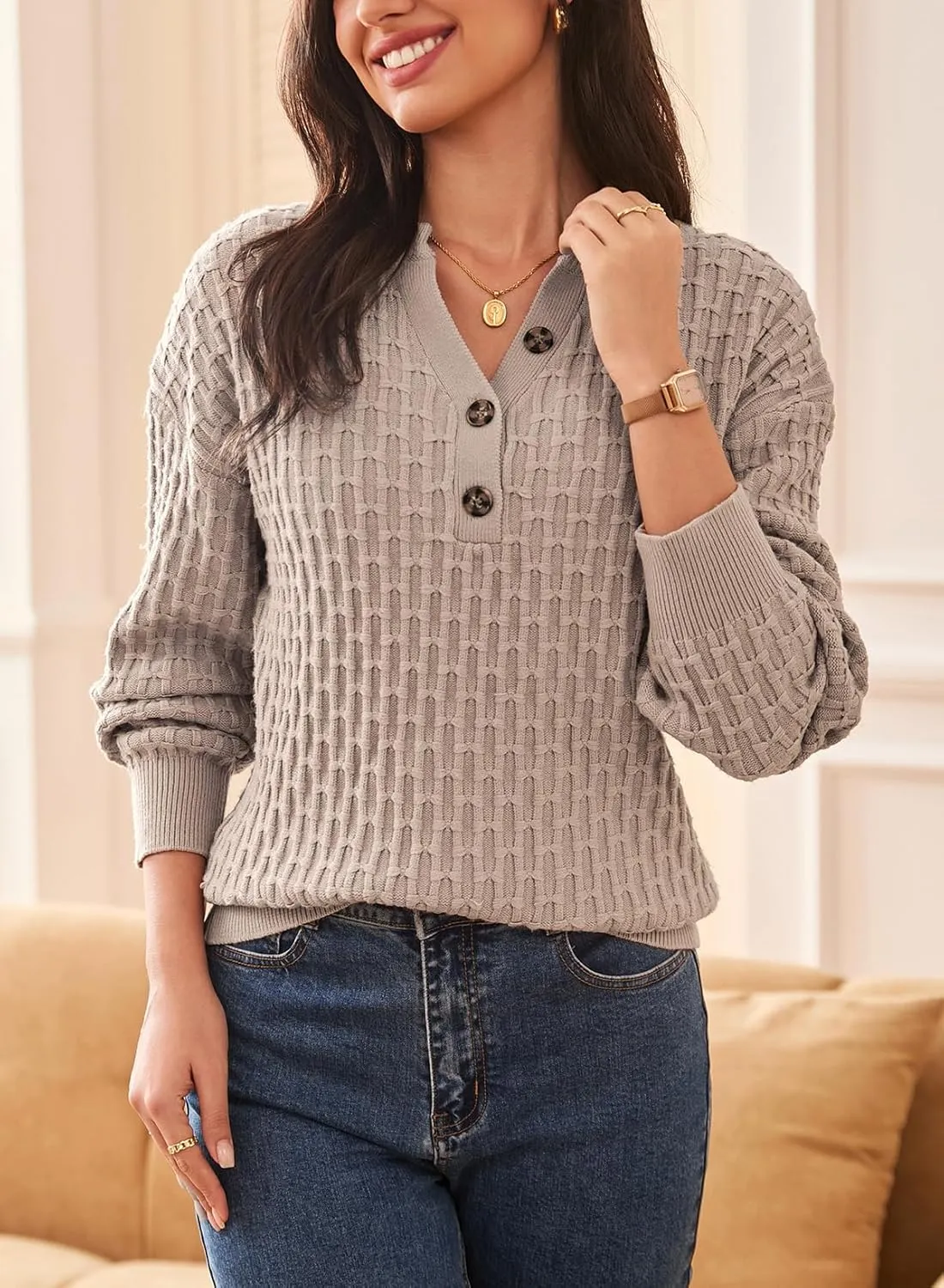 Dokotoo Womens Sweaters 2024 Casual Long Sleeve V Neck Textured Button Fall Sweater Loose Fit Pullover Jumper Tops
