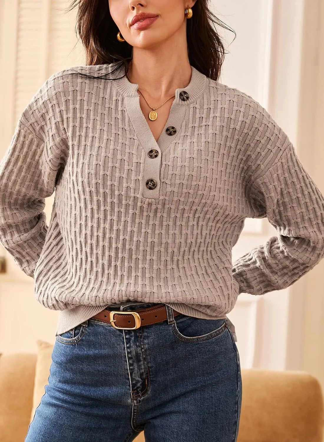 Dokotoo Womens Sweaters 2024 Casual Long Sleeve V Neck Textured Button Fall Sweater Loose Fit Pullover Jumper Tops