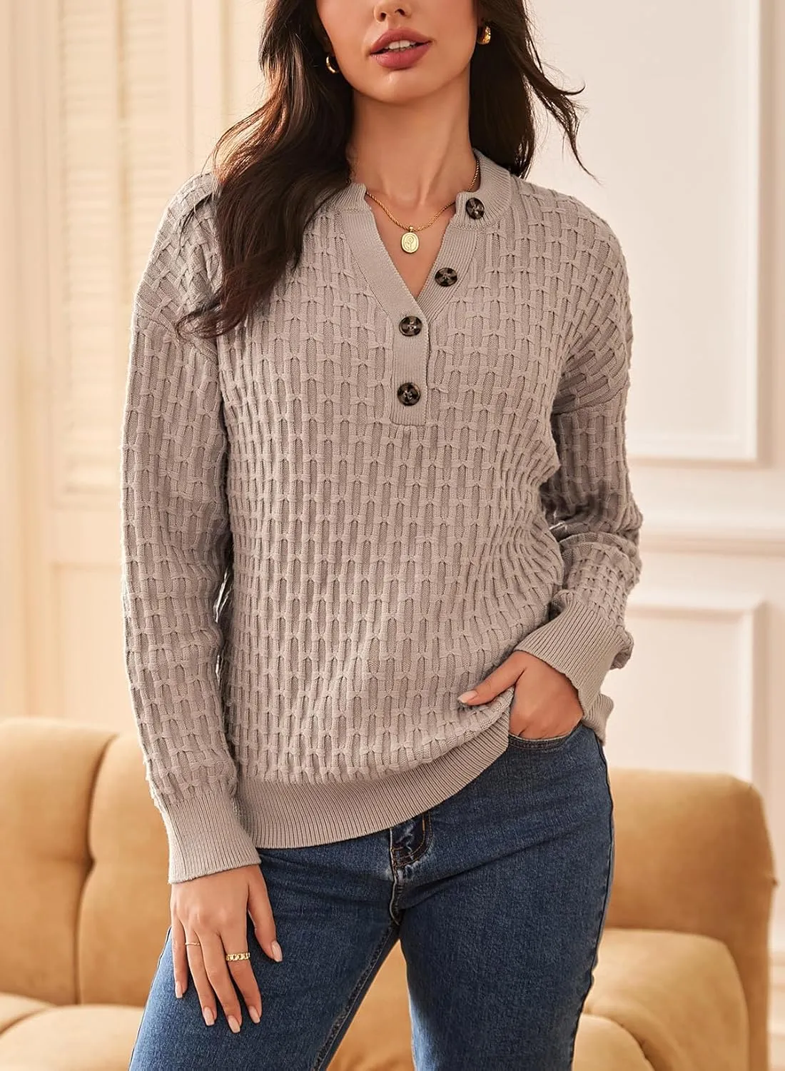 Dokotoo Womens Sweaters 2024 Casual Long Sleeve V Neck Textured Button Fall Sweater Loose Fit Pullover Jumper Tops