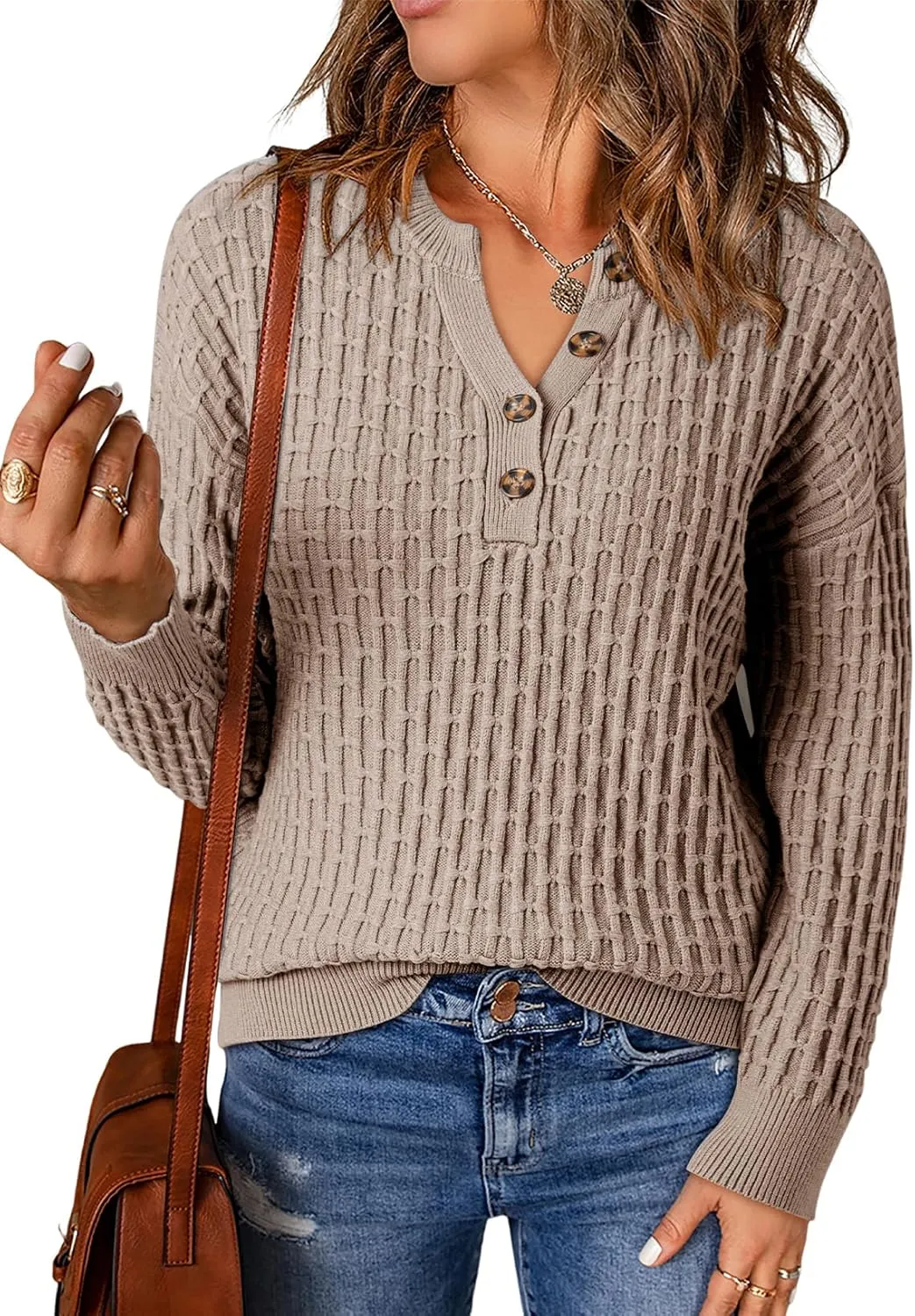 Dokotoo Womens Sweaters 2024 Casual Long Sleeve V Neck Textured Button Fall Sweater Loose Fit Pullover Jumper Tops
