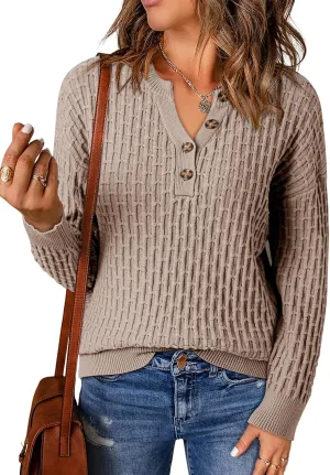 Dokotoo Womens Sweaters 2024 Casual Long Sleeve V Neck Textured Button Fall Sweater Loose Fit Pullover Jumper Tops