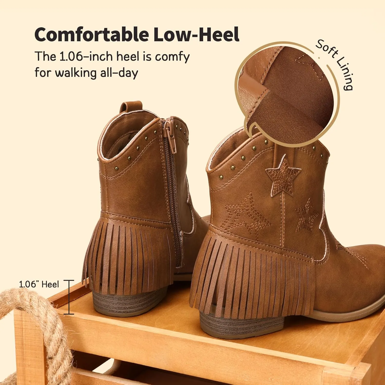 DREAM PAIRS Girls Cowgirl Cowboy Ankle Western Boots Side Zipper Riding Shoes with Tassel Little Kid/Big Kid