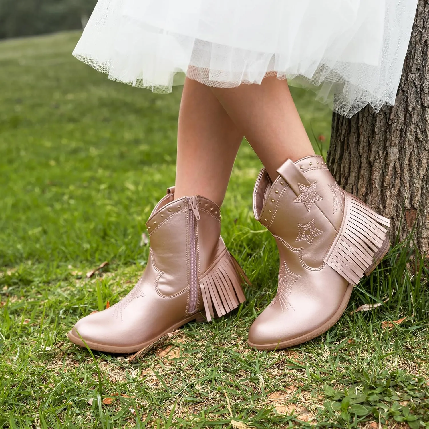 DREAM PAIRS Girls Cowgirl Cowboy Ankle Western Boots Side Zipper Riding Shoes with Tassel Little Kid/Big Kid
