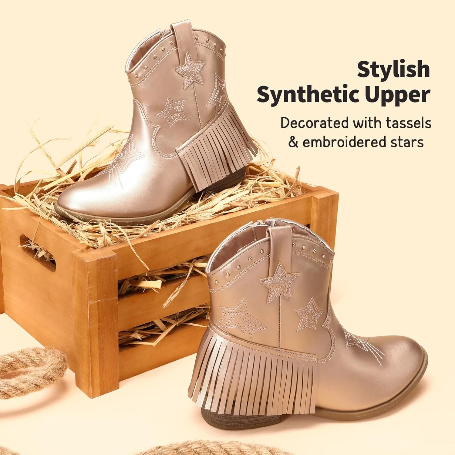DREAM PAIRS Girls Cowgirl Cowboy Ankle Western Boots Side Zipper Riding Shoes with Tassel Little Kid/Big Kid