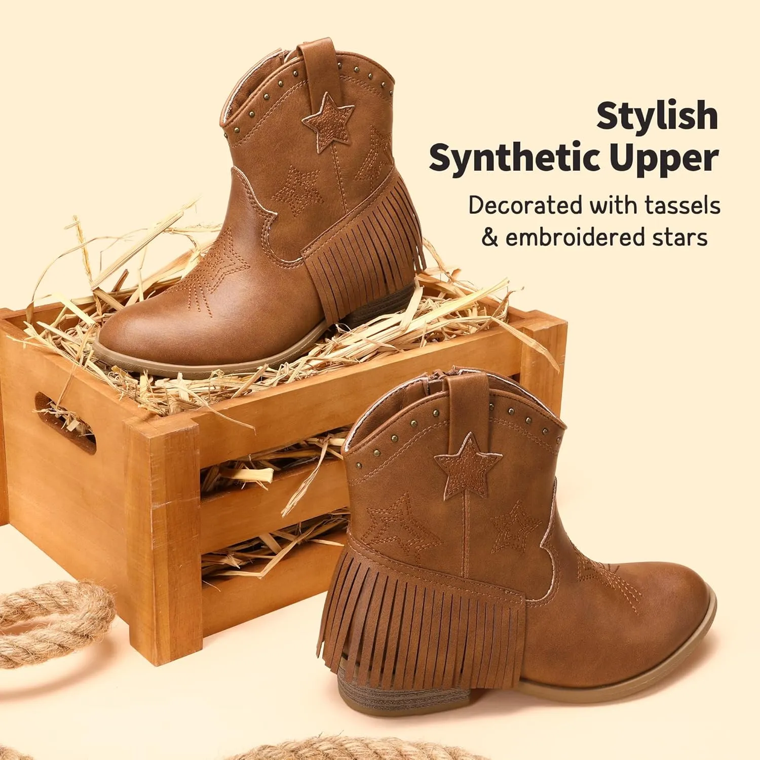 DREAM PAIRS Girls Cowgirl Cowboy Ankle Western Boots Side Zipper Riding Shoes with Tassel Little Kid/Big Kid