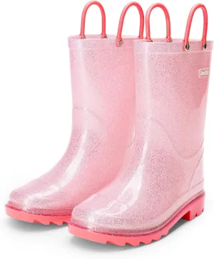 DREAM PAIRS Kids Rain Boots Glitter Boys Girls with Easy-on Handles Sparkly Waterproof Boots Outdoor Playing Rain Boots Unisex-Child
