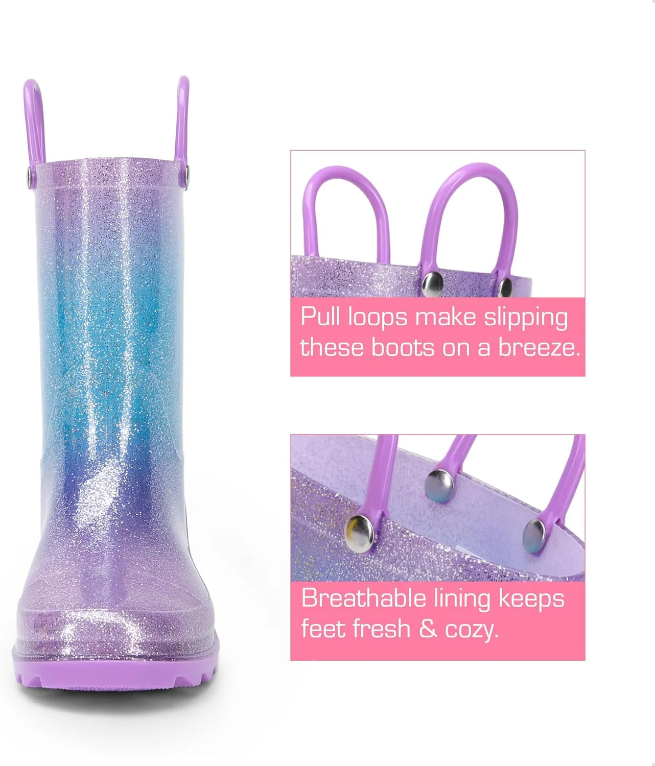 DREAM PAIRS Kids Rain Boots Glitter Boys Girls with Easy-on Handles Sparkly Waterproof Boots Outdoor Playing Rain Boots Unisex-Child