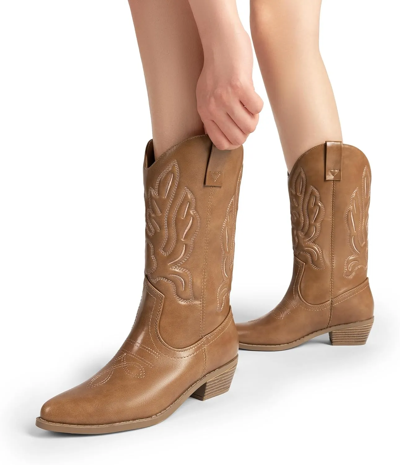 DREAM PAIRS Women's Cowboy Boots Mid Calf Cowgirl Boots Embroidery Stitched Western Boots