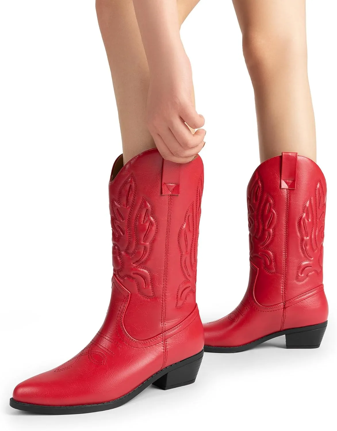 DREAM PAIRS Women's Cowboy Boots Mid Calf Cowgirl Boots Embroidery Stitched Western Boots