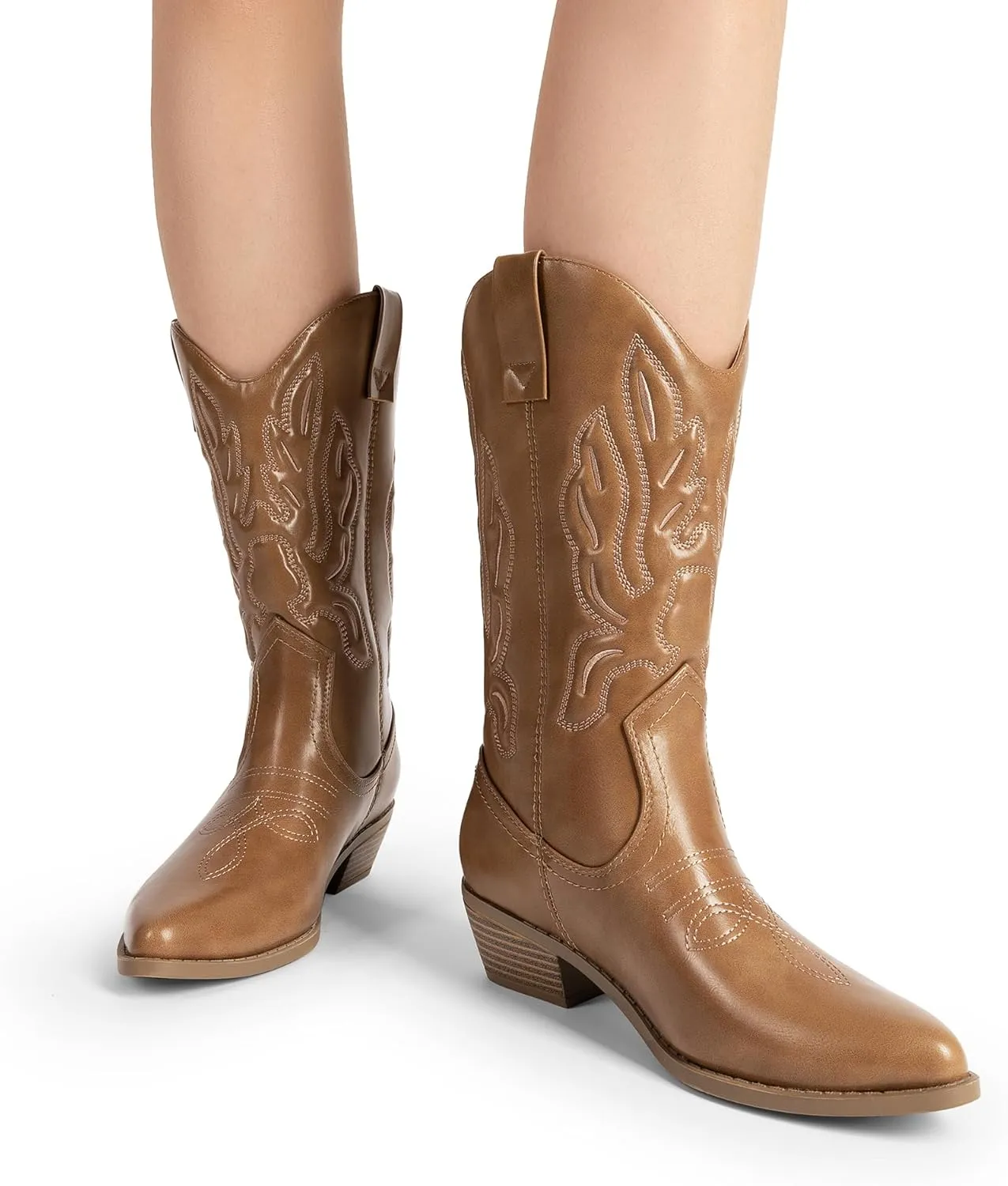 DREAM PAIRS Women's Cowboy Boots Mid Calf Cowgirl Boots Embroidery Stitched Western Boots