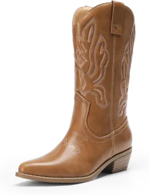 DREAM PAIRS Women's Cowboy Boots Mid Calf Cowgirl Boots Embroidery Stitched Western Boots