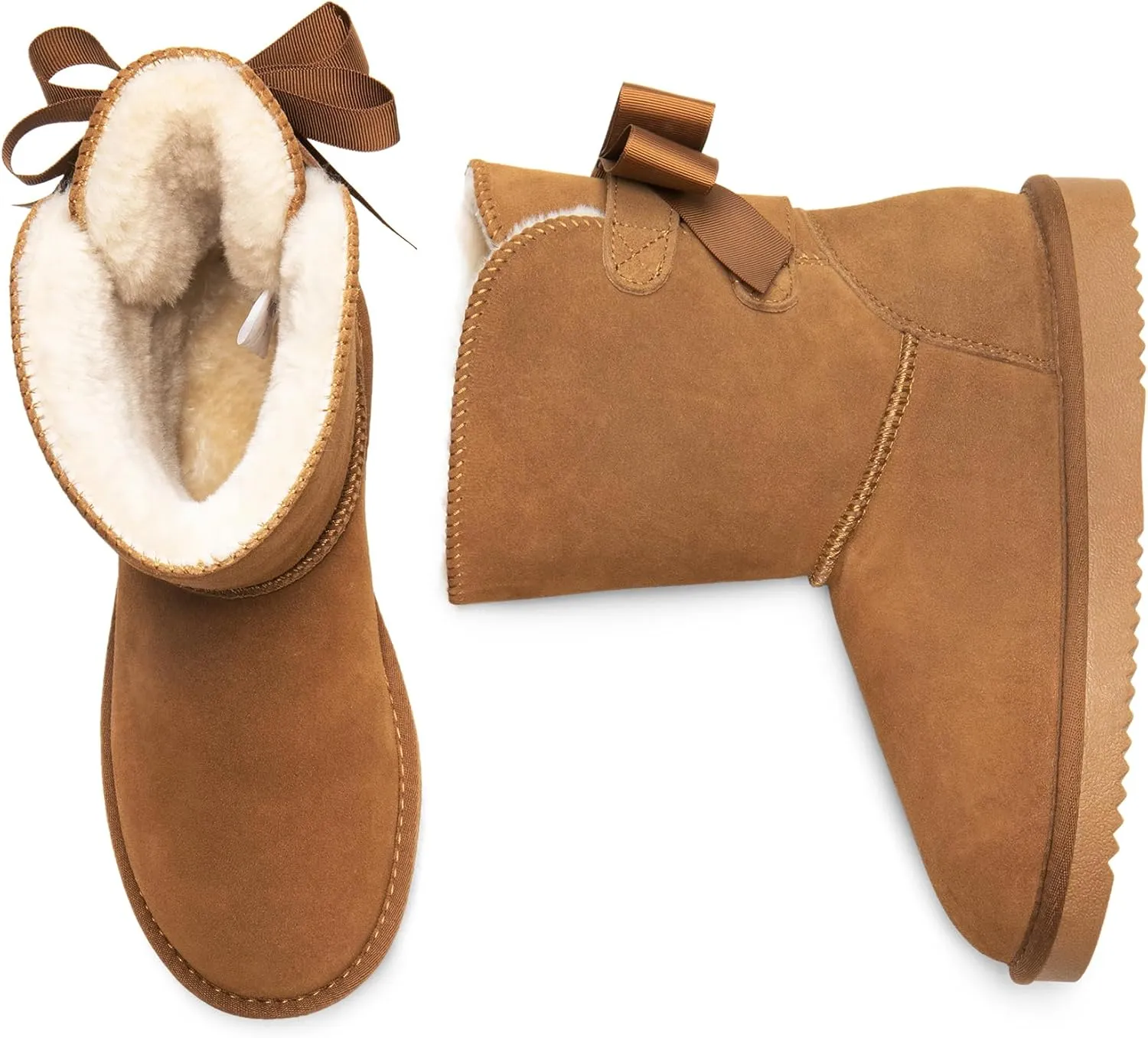 DREAM PAIRS Women's Winter Snow Boots FuzzyChic Bow Genuine Suede Leather Faux Fur Lining Memory Foam Warm Winter Short Booties for Outdoor Indoor