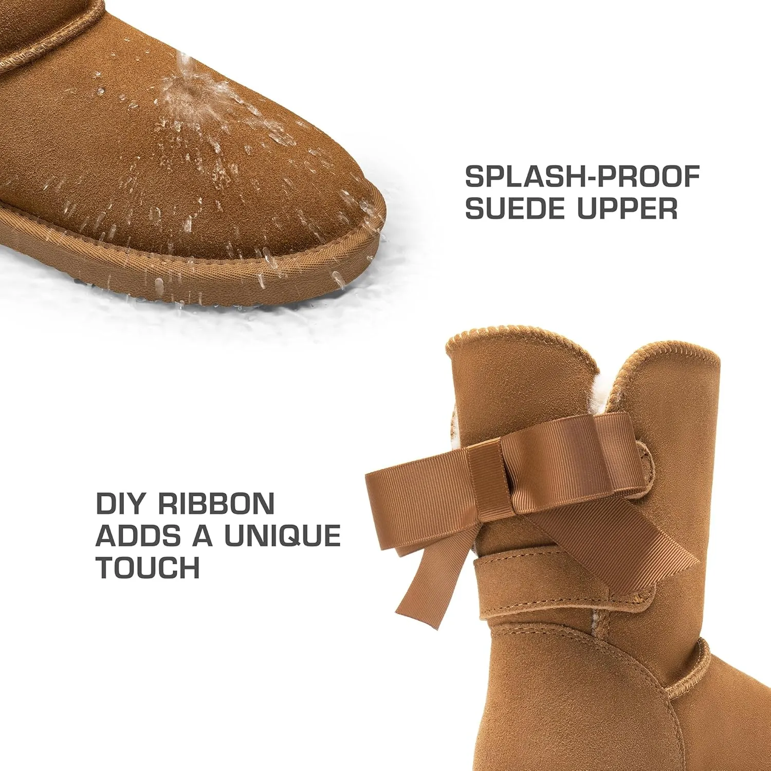 DREAM PAIRS Women's Winter Snow Boots FuzzyChic Bow Genuine Suede Leather Faux Fur Lining Memory Foam Warm Winter Short Booties for Outdoor Indoor