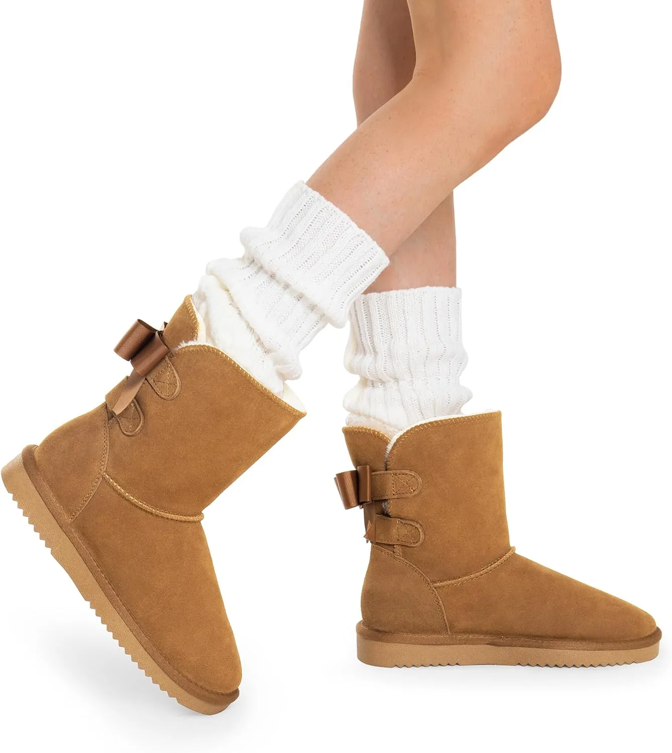 DREAM PAIRS Women's Winter Snow Boots FuzzyChic Bow Genuine Suede Leather Faux Fur Lining Memory Foam Warm Winter Short Booties for Outdoor Indoor