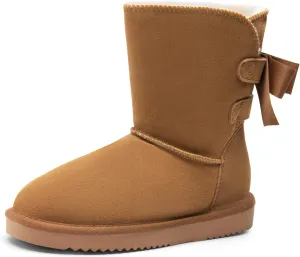 DREAM PAIRS Women's Winter Snow Boots FuzzyChic Bow Genuine Suede Leather Faux Fur Lining Memory Foam Warm Winter Short Booties for Outdoor Indoor