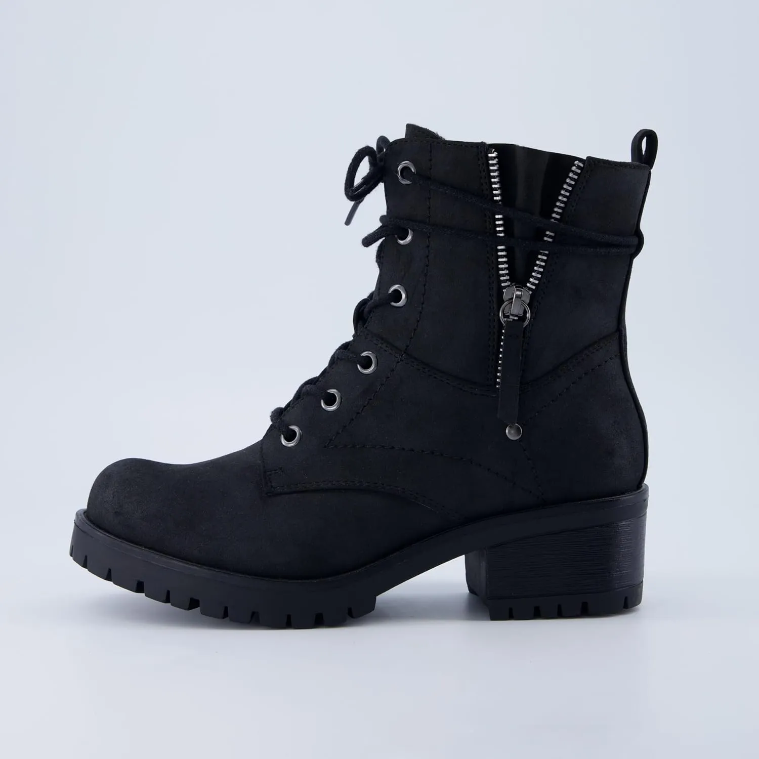 Dunes Women's Kobe Heeled Combat Boots – Lace-Up with Side Zipper, Memory Foam Insoles, Faux Fur Lining, Vegan Nubuck Leather, Wide Widths Available