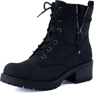 Dunes Women's Kobe Heeled Combat Boots – Lace-Up with Side Zipper, Memory Foam Insoles, Faux Fur Lining, Vegan Nubuck Leather, Wide Widths Available