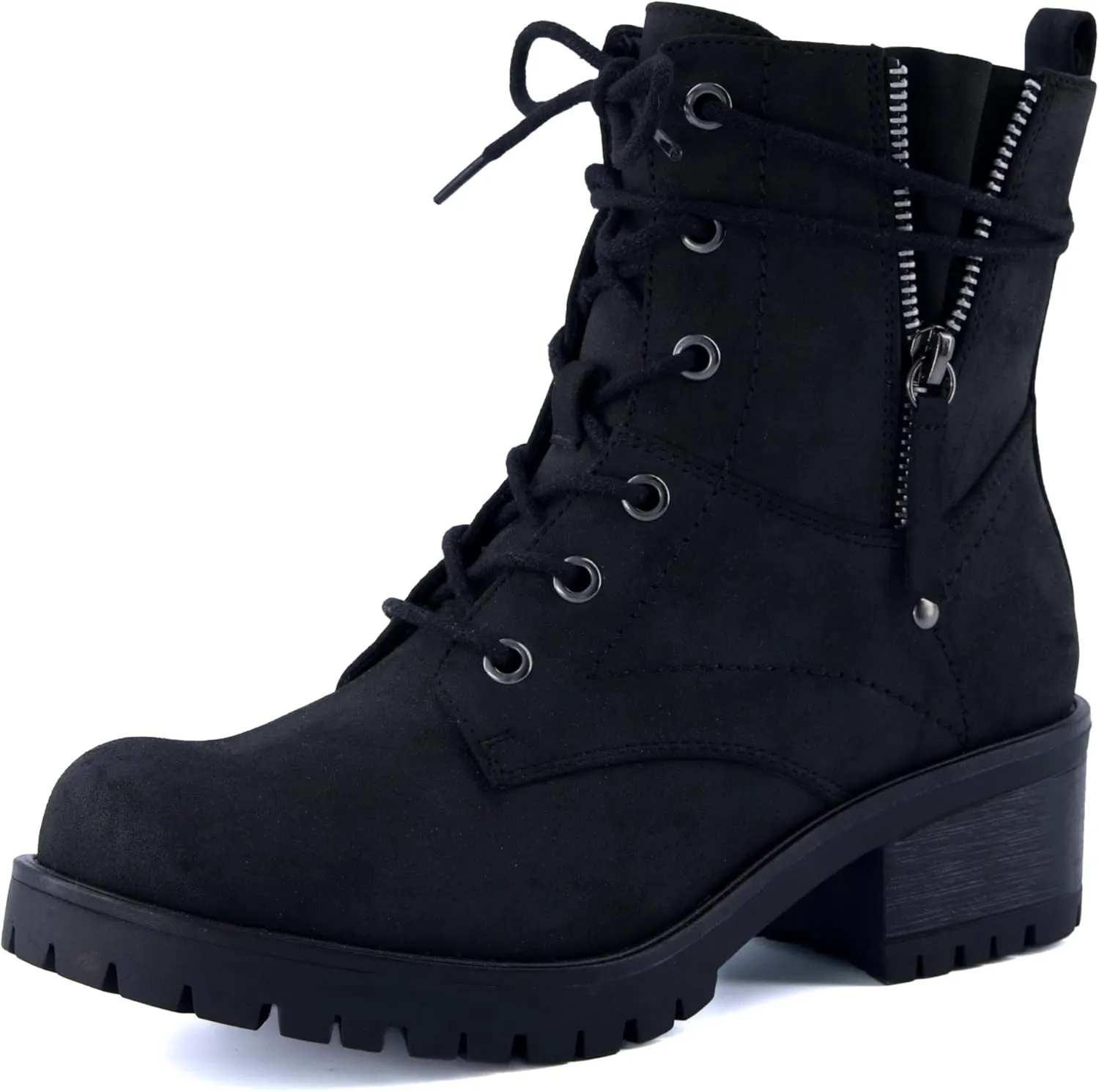 Dunes Women's Kobe Heeled Combat Boots – Lace-Up with Side Zipper, Memory Foam Insoles, Faux Fur Lining, Vegan Nubuck Leather, Wide Widths Available