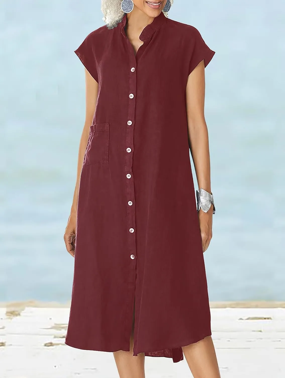 ebossy Women's Oversized Cotton Linen Dress Stand Collar Button Down Casual Shirt Dress with Pocket