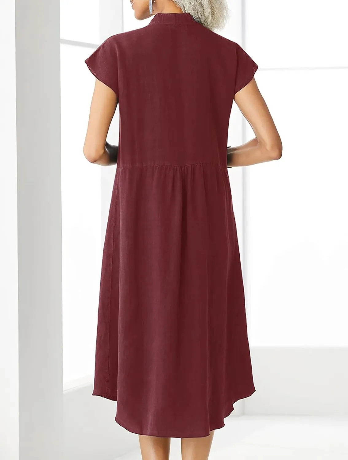 ebossy Women's Oversized Cotton Linen Dress Stand Collar Button Down Casual Shirt Dress with Pocket